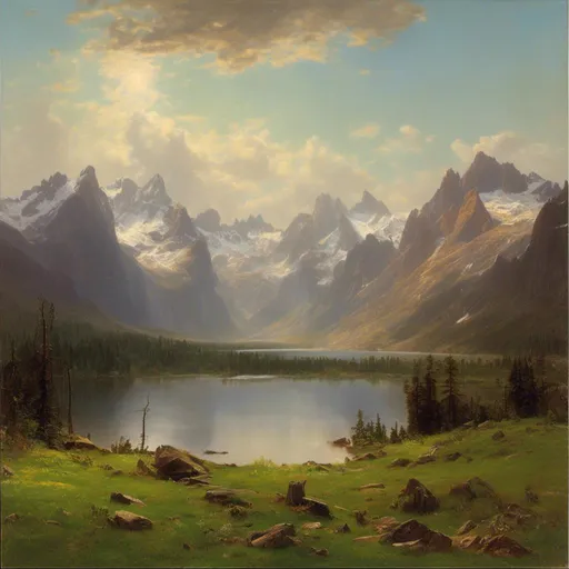 Prompt: image showing the hope of new day. looking east. In foreground there is green meadows and  large  reflecting lake. the  distended horizons of  rugged mountains with snow on the peaks. The sky is completely clear of clouds. <mymodel>