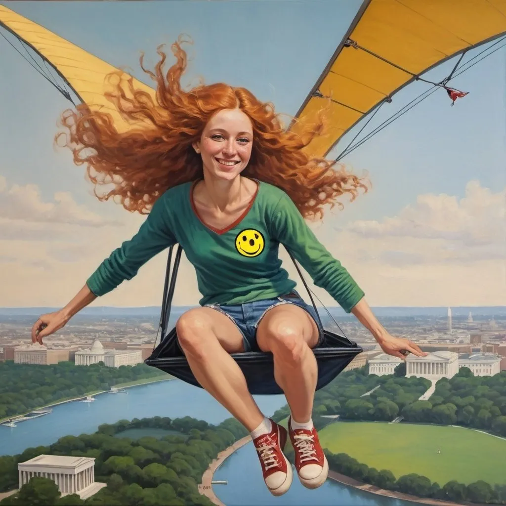 Prompt: a full-length portrait painting, Helen of Troy, 
 flying over washington DC on hang glider,
cover with dark freckle,
green eyes, 
long ginger hair
a smile on her face, 
 gold-earrings-with-a-smiley-face- ON-them
smiley-face  t-shirt, 
long blue jean,
red and blue tennis shoes,
1970s oil painting,

