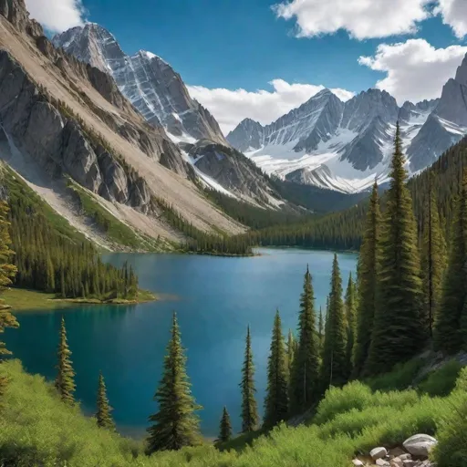 Prompt: a mountain range with a lake surrounded by trees and snow capped mountains in the background with a 
Ansel Adams, 
naturalism, 
polarizing filter, 
professional photograph,
UHD  64K