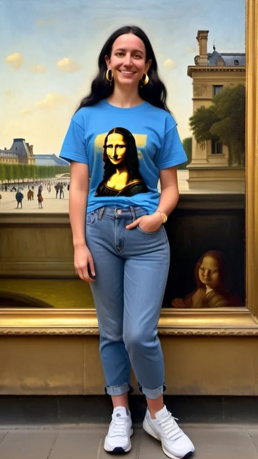 Prompt: a full-length portrait painting,
Mona Lisa,
standing outside the Louvre Museum, 
a smile on her face, 
gold-earrings,  
Louvre Museum  souvenir t-shirt, 
long blue jean,
blue tennis shoes,
academic art, 
renaissance oil painting
