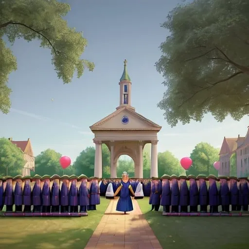 Prompt: Create a UHD, 64K, professional oil painting in the style of Carl Heinrich Bloch, blending the American Barbizon School and Flemish Baroque influences. Depict a lively and jubilant college graduation ceremony set in a grand outdoor courtyard. The scene is filled with graduates in traditional caps and gowns, their faces beaming with pride and excitement. In the foreground, a young graduate stands tall, holding her diploma, surrounded by friends and family celebrating the moment. The backdrop includes a majestic, ivy-covered college building with classic architectural elements such as columns and arches. The sky is a clear, brilliant blue, and sunlight bathes the entire scene, casting warm and welcoming tones. Professors in academic regalia can be seen on a stage, applauding as graduates walk across to receive their diplomas. The atmosphere is festive, with decorations like banners and balloons adding to the joyous occasion. Trees and flowers in full bloom surround the area, enhancing the sense of celebration and new beginnings.