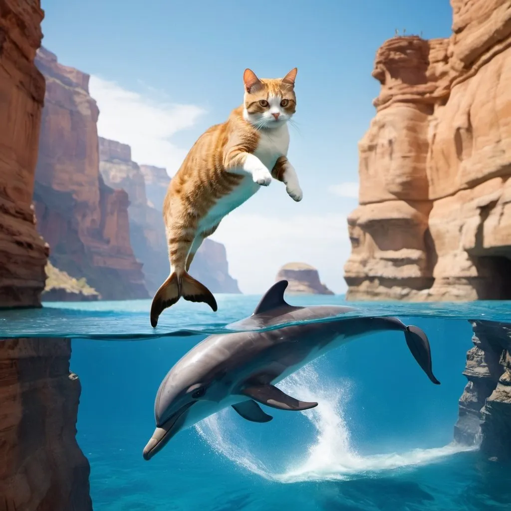 Prompt: a cat, riding on a dolphin that is jumping over a canyon.