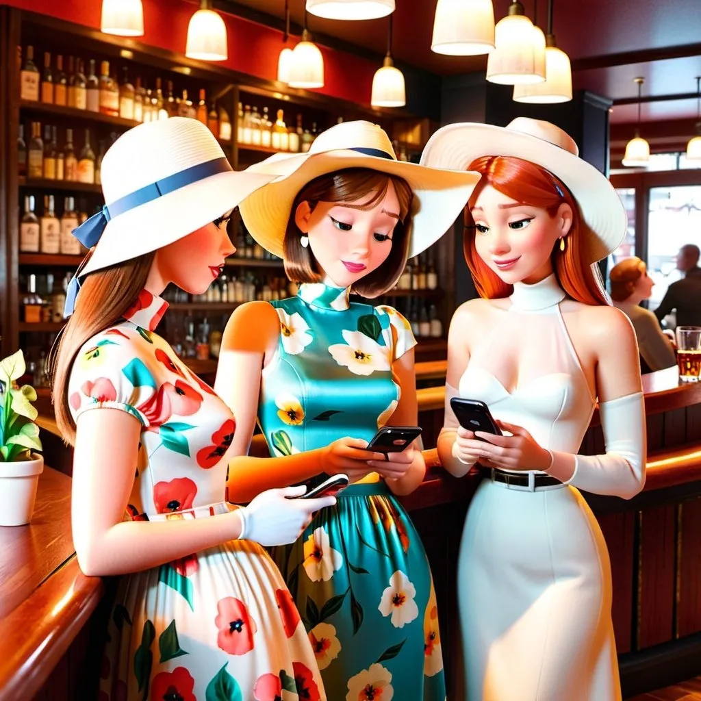 Prompt: three 21-year woman in (( long flower print Empire Dress with a high neck line and white hat))   looking at their phones in a bar together, one of them is looking at their phone, 