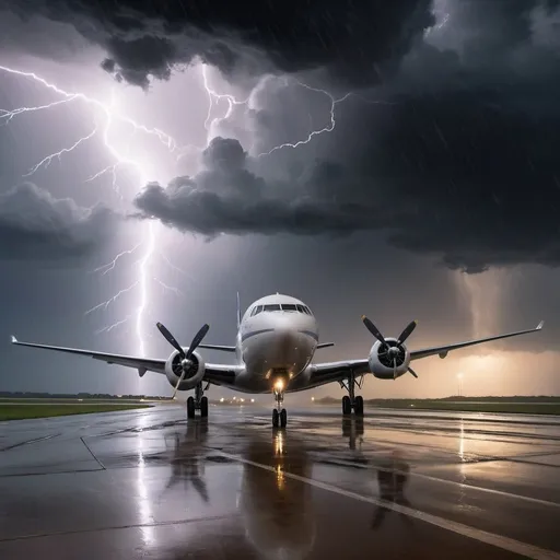 Prompt: Create a UHD, 64K, professional oil painting in the style of Carl Heinrich Bloch, blending the American Barbizon School and Flemish Baroque influences. Depict a commercial airplane making a daring landing in the midst of a fierce storm. The scene is filled with dark, tumultuous clouds, illuminated by flashes of lightning that starkly contrast against the night sky. Sheets of rain cascade down, obscuring the view yet highlighting the determination of the aircraft. The runway, slick and reflective with rainwater, is lined with the guiding lights that lead the plane to safety. The airplane, with its landing gear extended, is angled towards the ground, fighting against the powerful gusts of wind. The airport's control tower stands in the background, its lights barely visible through the downpour. The entire scene is charged with tension and drama, capturing the skill and bravery of the pilots as they navigate through the storm.