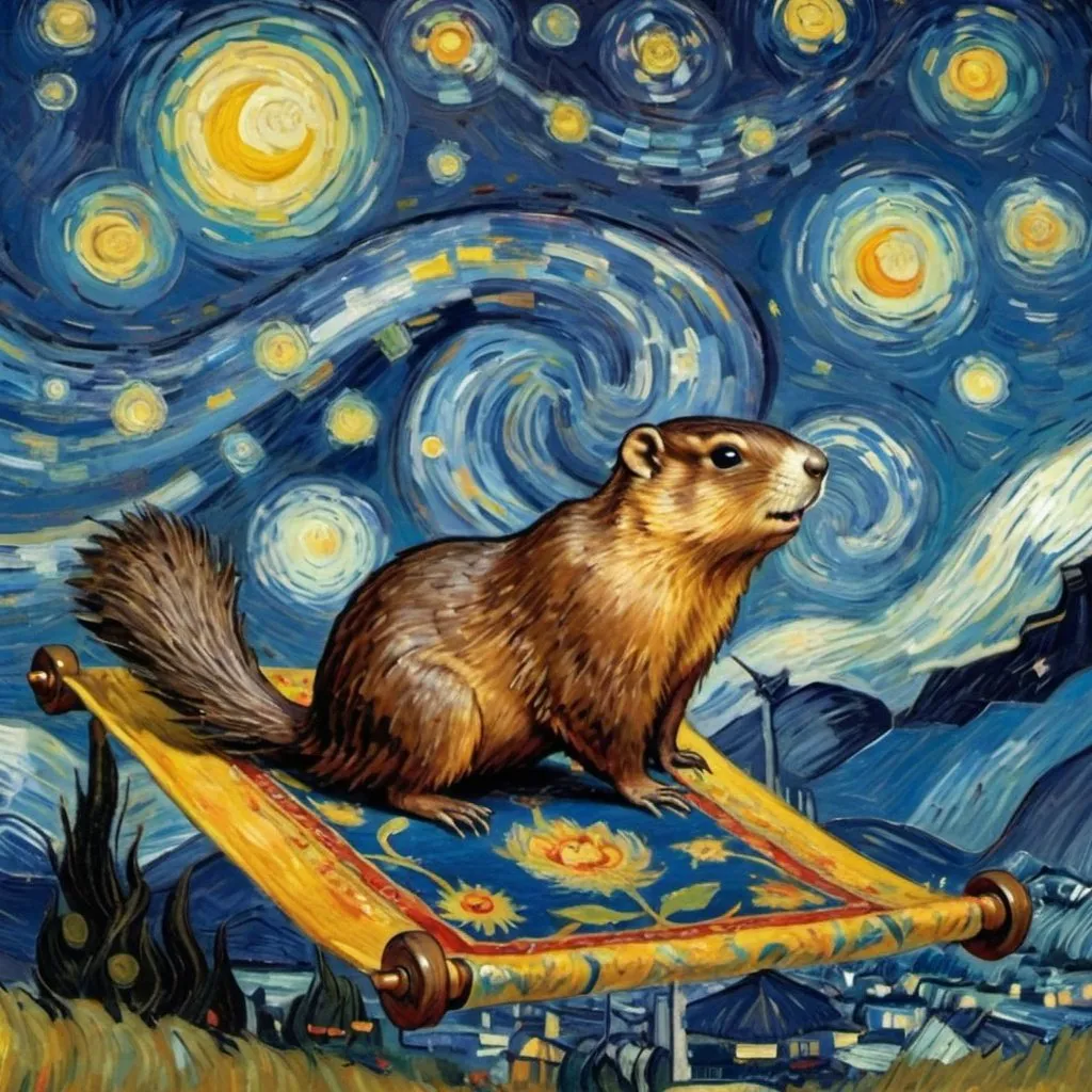 Prompt: A woodchuck flying on a "magic carpet" in "The Starry Night" by Vincent van Gogh