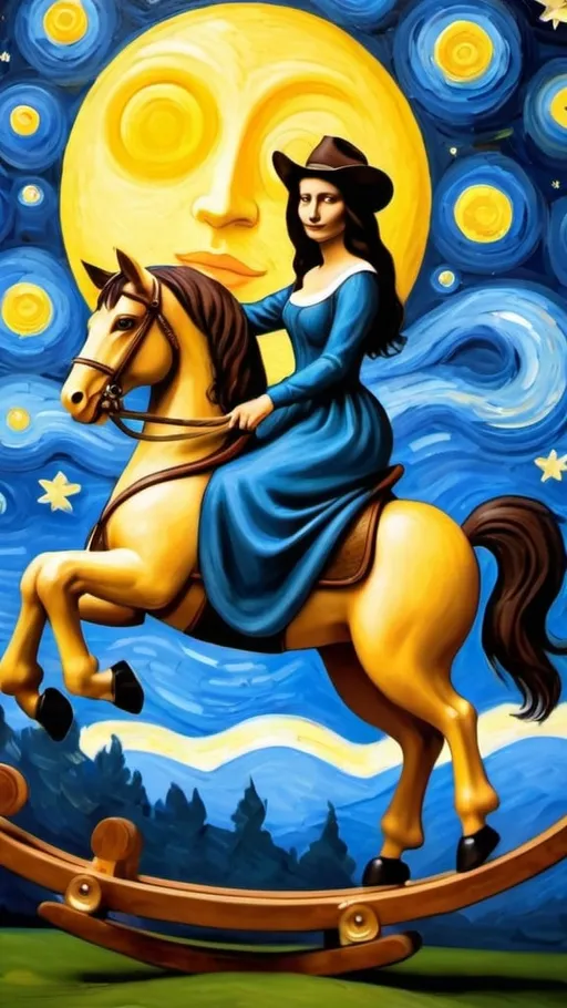 Prompt: Mona Lisa wearing cowboy hat riding a airborne  rocking horse, attach to wood rocker, that is jumping over the Moon.  in the style of "The Starry Night" by Vincent van Gogh