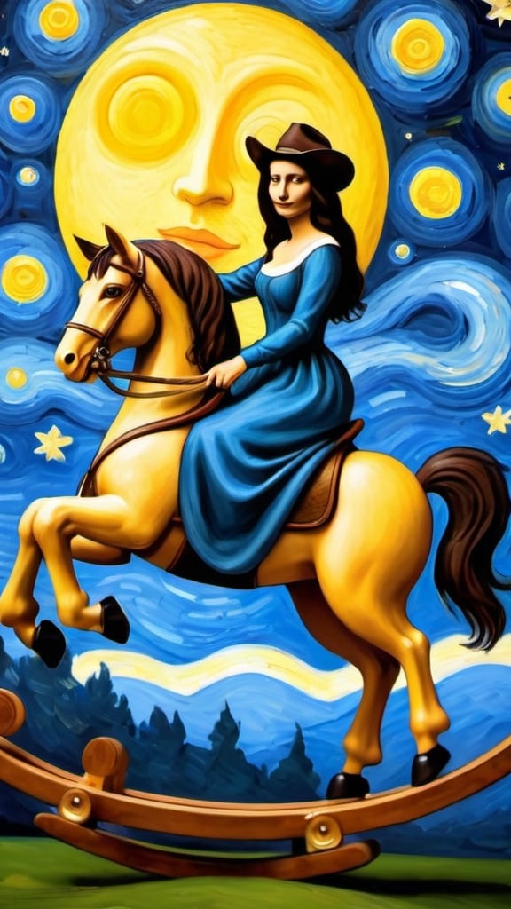 Prompt: Mona Lisa wearing cowboy hat riding a airborne  rocking horse, attach to wood rocker, that is jumping over the Moon.  in the style of "The Starry Night" by Vincent van Gogh