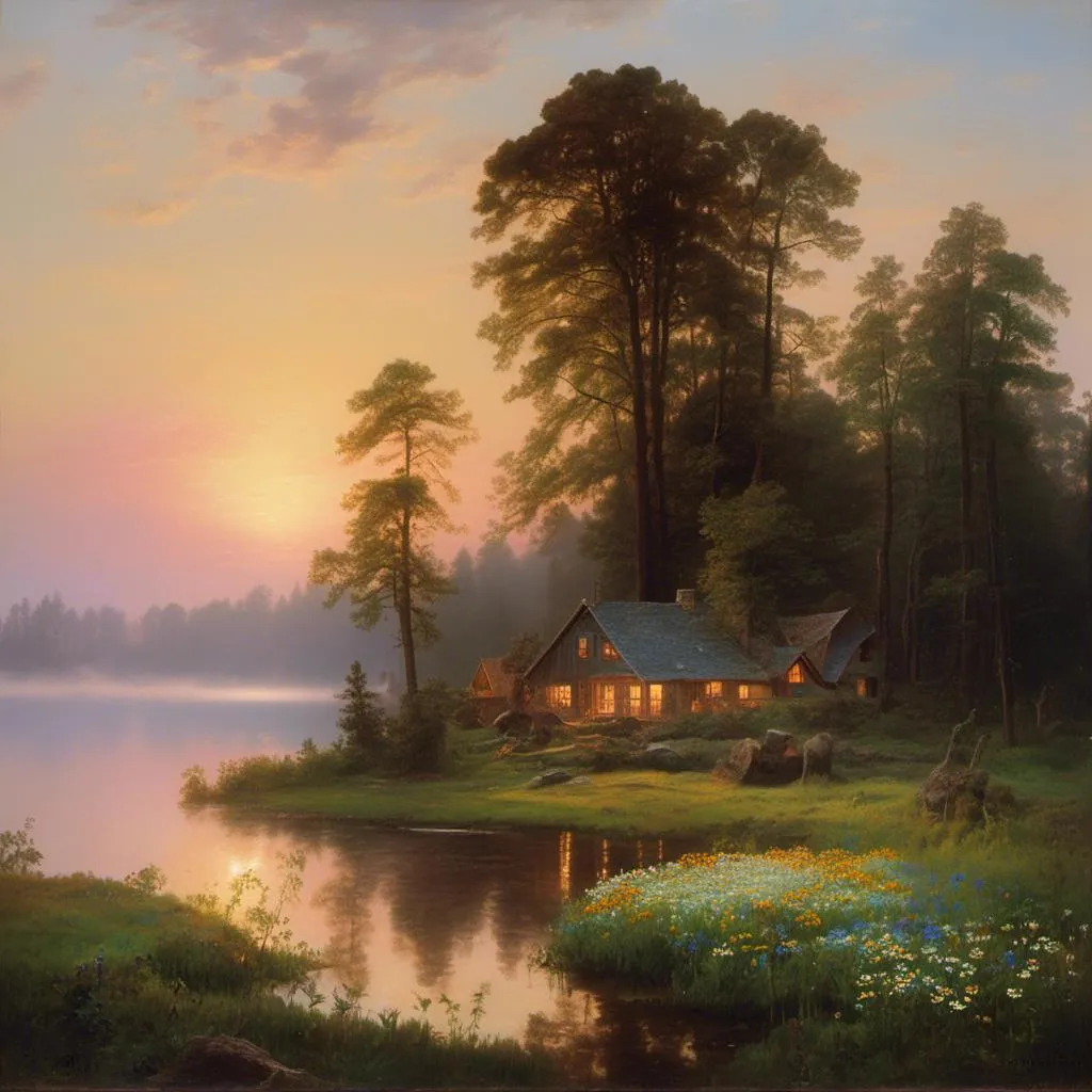 Prompt: house in the forest on the lake shore, romantic , beautiful sunrise, rose on wildflowers, daisies , bells , cornflowers, airbrushing, foggy evening,white sparks in the sunlight, elder scrolls, realistic, translucent, saturated bright colors , high detail, oil painting <mymodel>