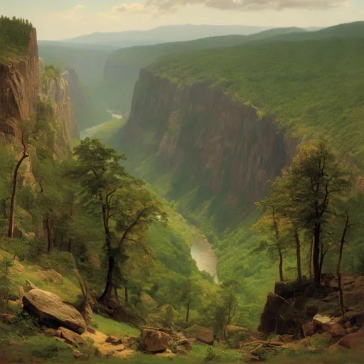 Prompt: <mymodel>  a river running through a lush green forest filled valley next to a cliff face covered in trees and rocks, Charles H. Woodbury, hudson river school, zenith view, a jigsaw puzzle