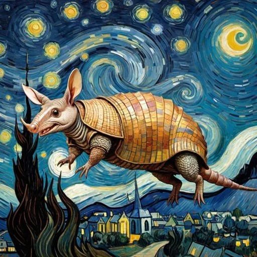 Prompt: A Armadillo flying on a "magic carpet" in "The Starry Night" by Vincent van Gogh