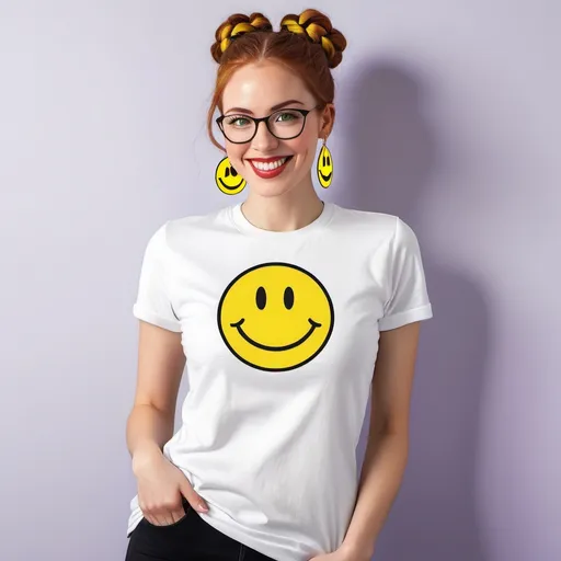 Prompt: 

25-year-old woman, green eyes. cover with dark freckle. long ginger hair ginger in a French braid. wearing lipstick red. broad rimmed eyeglasses purple

the is  woman wearing a white t-shirt. 

the  t-shirt has a yellow smiley face with two eyes and a smile on it's face, with a black outline, Dave Gibbons, naive art, smile, a digital rendering

 the woman is wearing  earrings.

the earrings has a yellow smiley face with two eyes and a smile on it's face, with a black outline, Dave Gibbons, naive art, smile, a digital rendering


background on the beach, while UFO is attacking









