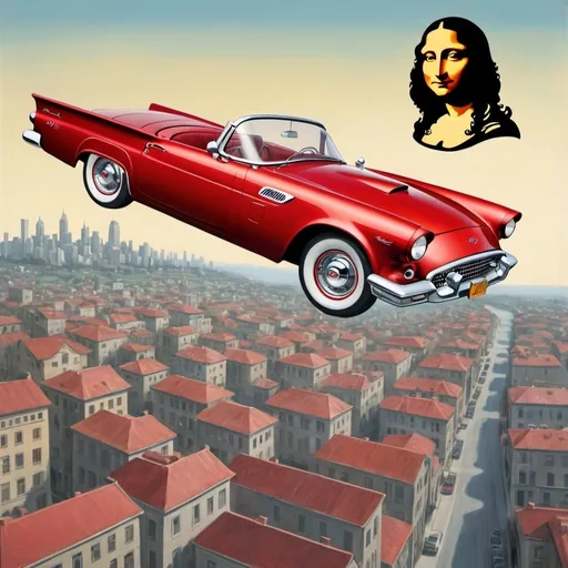 Prompt: (Mona Lisa) face  in a flying red ford 1957 thunderbird flying over a city
