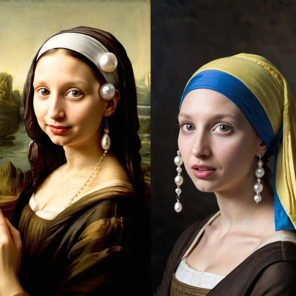 Prompt: "Mona Lisa"  and "Girl with a Pearl Earring" in  a food fight 