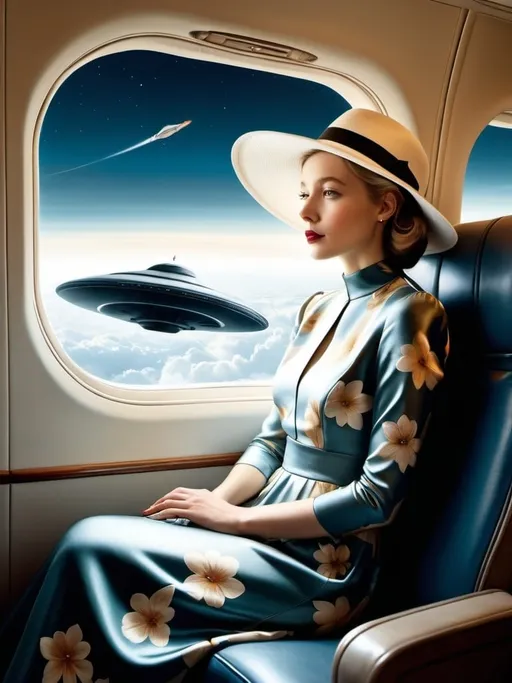 Prompt: a (( 21-year-old woman in a long flower print Empire Dress with a high neck line and white hat)) sitting on an airplane seat with a hat on her head and an UFO in  the night shy in in the background with a window, Annie Leibovitz, precisionism, promotional image, an art deco painting