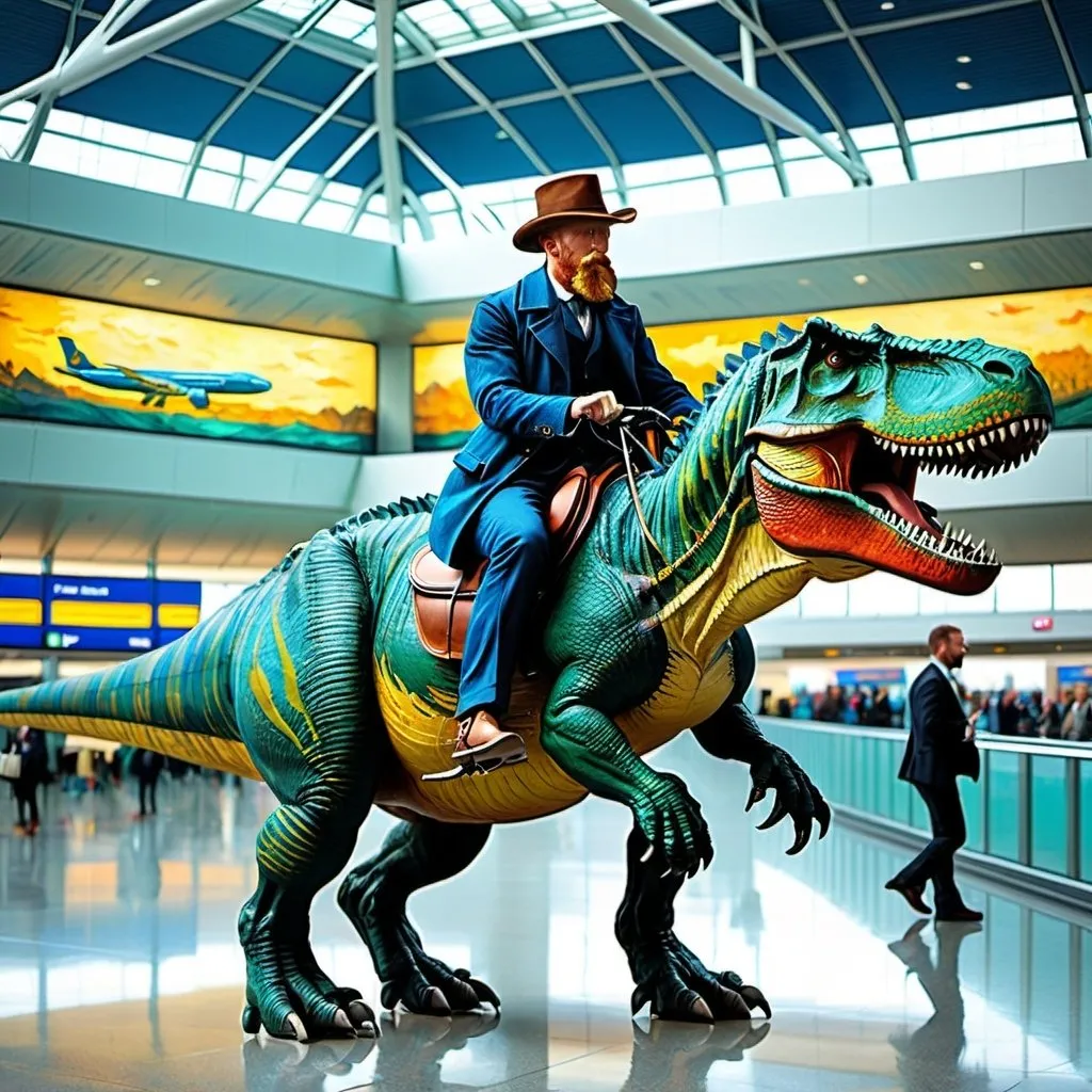 Prompt: "Vincent van Gogh"  riding a  tyrannosaurus in  an airport, 
photo 