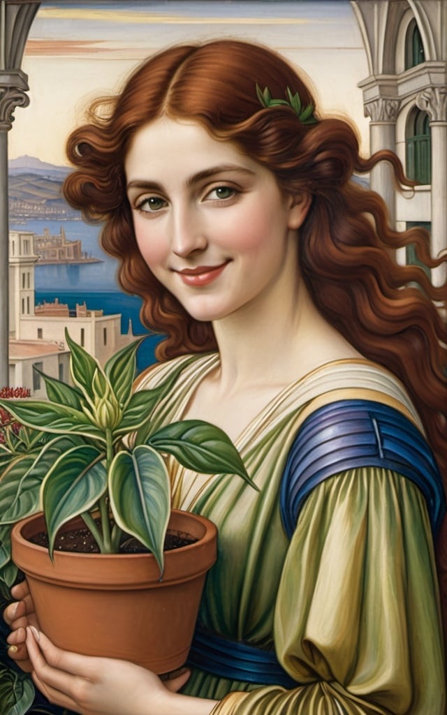 Prompt: a painting of a woman holding a potted plant in her hands and smiling at the camera with a city in the background, Evelyn De Morgan, pre-raphaelitism, renaissance oil painting, a fine art painting