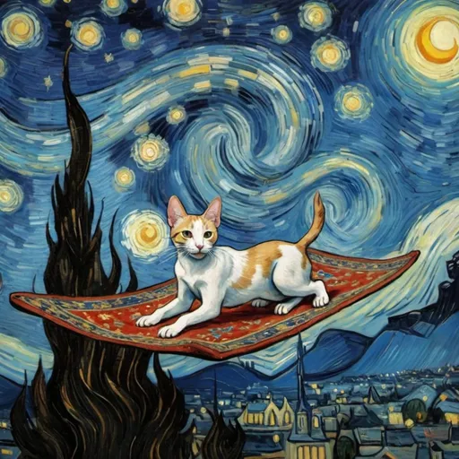 Prompt: A "dog, cat, and mouse"  flying on a "magic carpet" in "The Starry Night" by Vincent van Gogh