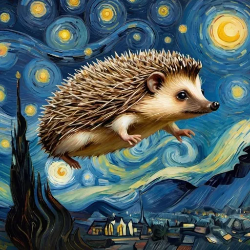 Prompt: A "Hedgehog"  flying on a "magic carpet" in "The Starry Night" by Vincent van Gogh
