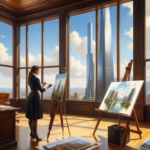 Prompt: painting of a woman working as  an architect designing a skyscraper in an office , 
Albert Bierstadt,
precisionism, 
giantess art, 
a realistic painting.
 UHD, 64K