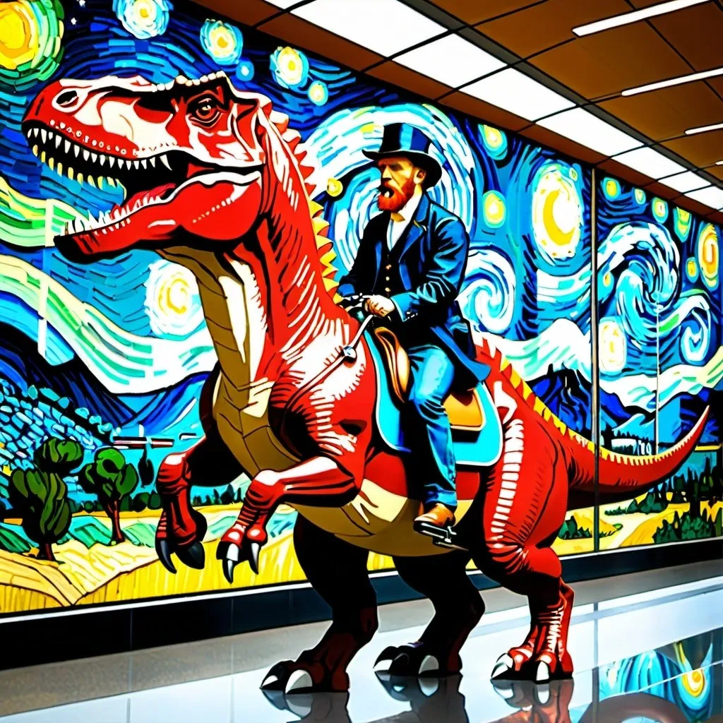 Prompt: "Vincent van Gogh"  riding a  tyrannosaurus in  an airport