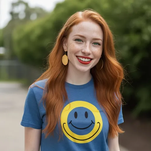 Prompt: a half-length portrait,  
27 year-old woman, 
walking,
cover with dark freckle, 
green eyes, 
long ginger hair, 
red lipstick, 
a smile on her face, 
gold-earrings-with-a-smiley-face- ON-them,  
smiley-face t-shirt, 
long blue jean, 
red and blue tennis shoes,  
photo 