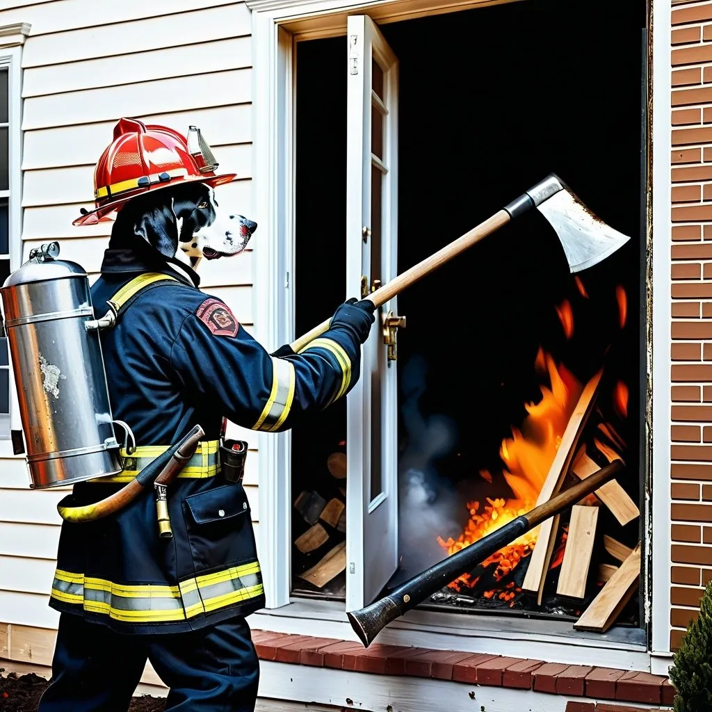 Prompt: A painting profile view  of an anthropomorphic dalmatian dog as firefighter, suit firefighter suit helmet on using an ax to chop a door of a home that is on fire.