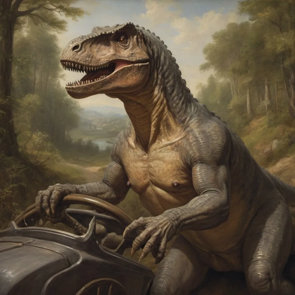 Prompt: [tyrannosaurus is driving a convertible with its hands on the steering wheel] academic art, renaissance oil painting, a painting