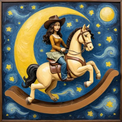 Prompt: Mona Lisa wearing cowboy hat riding a airborne  rocking horse, attach to wood rocker, that is jumping over the Moon.  in the style of "The Starry Night" by Vincent van Gogh