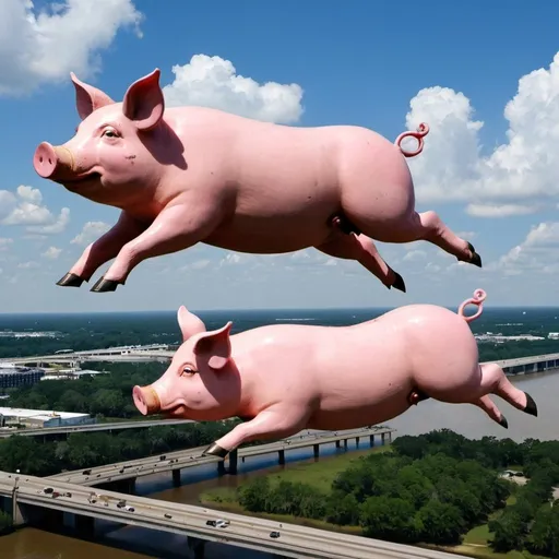 Prompt: three pigs flying over baton rouge louisiana 
