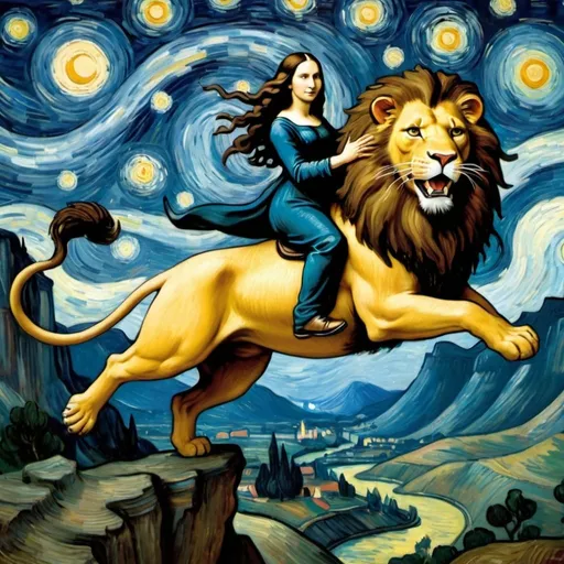 Prompt: Mona Lisa riding a  lion that is jumping over a canyon in "The Starry Night" by Vincent van Gogh