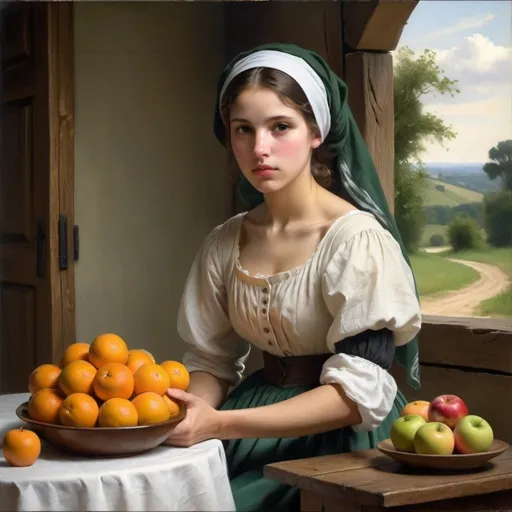 Prompt: Create a professional oil painting blending the styles of Carl Heinrich Bloch, the American Barbizon School, William-Adolphe Bouguereau, and Flemish Baroque art. Depict a young woman in a serene, rustic setting, engaged in a domestic task, wearing a traditional dress.

Subject: A young woman in a 19th-century rural setting, arranging a bowl of oranges and apples on a wooden table covered with a white cloth.

Dress:

Bodice: Fitted with a round neckline, featuring a white undershirt with a black overlay.
Sleeves: Black overlay with large, puffed sleeves ending below the elbow, revealing green undershirt sleeves gathered at the cuffs.
Skirt: Long, full, deep green fabric.
Details: White headscarf covering her hair, tied loosely at the back.
Composition: Position the woman centrally, leaning slightly over the table, with her hands gently touching the fruit. Her expression is serene and focused.

Background: Rustic interior with an arched doorway opening to a lush, green landscape with rolling hills, distant trees, and a bright blue sky with white clouds.

Lighting: Chiaroscuro with light coming from the right, illuminating her face and hands, casting soft shadows on the table and fruit. The background has gentle, natural light contrasting with the darker interior.

Detail and Realism: Emphasize textures and details of the dress, fruit, and setting. The fabric should look realistic with visible folds. The fruit should appear fresh and vibrant.

Color Palette: Rich, deep tones. The dress is black with a deep green skirt, contrasted by the white headscarf and undershirt. The fruit should be vibrant with natural hues. The background should have earthy tones and lush greens.

Atmosphere: Calm and reflective, capturing a timeless moment of simplicity and beauty in rural life.