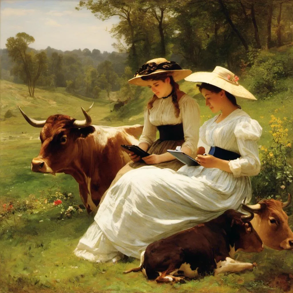 Prompt: three 21-year woman in (( long flower print Empire Dress with a high neck line and white hat))   looking at their phones the ((running of the bulls ))  together, one of them is looking at their phone,  <mymodel>