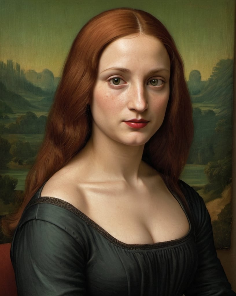 Prompt: portrait painting, Mona Lisa,  torso,  high neckline,  lap, folded hands in lap, dark freckle, red hair, green eyes, red lipstick,  Leonardo da Vinci