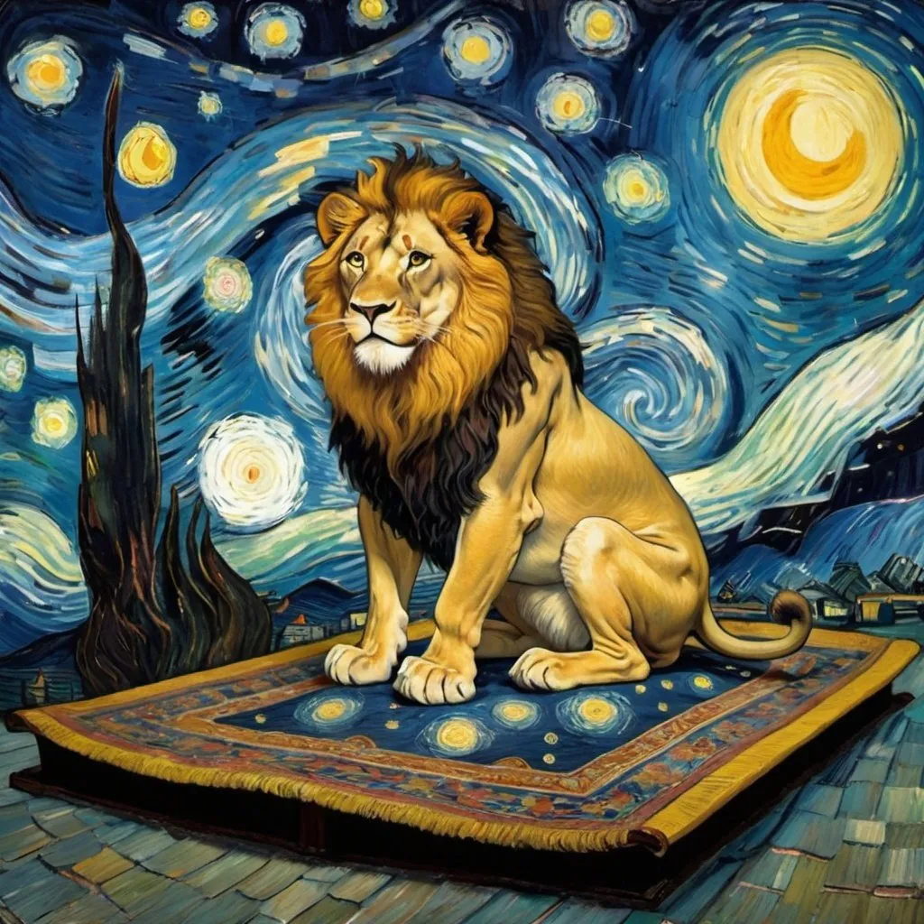 Prompt: a Lion sitting on a  flying " magic carpet" in "The Starry Night" by Vincent van Gogh