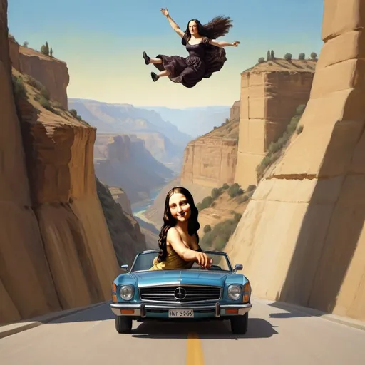 Prompt: Mona Lisa  jumping over a canyon in a convertible 