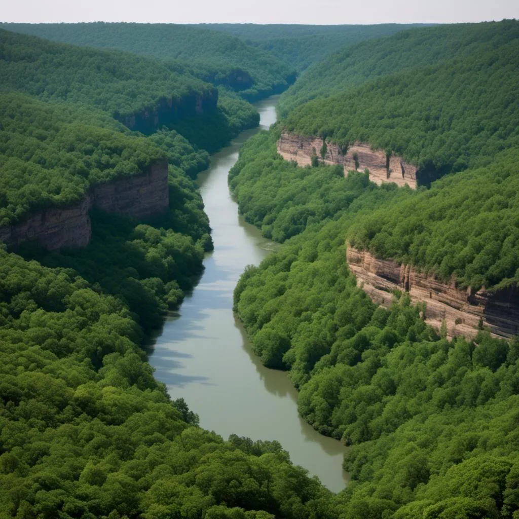 Prompt: <mymodel> photo  a river running through a lush green forest filled valley next to a cliff face covered in trees and rocks,  zenith view, a jigsaw puzzle