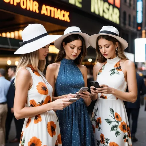 Prompt: three 21-year woman in (( long flower print Empire Dress with a high neck line and white hat))   looking at their phones in ((New York City under UFO attack))  together, one of them is looking at their phone, 