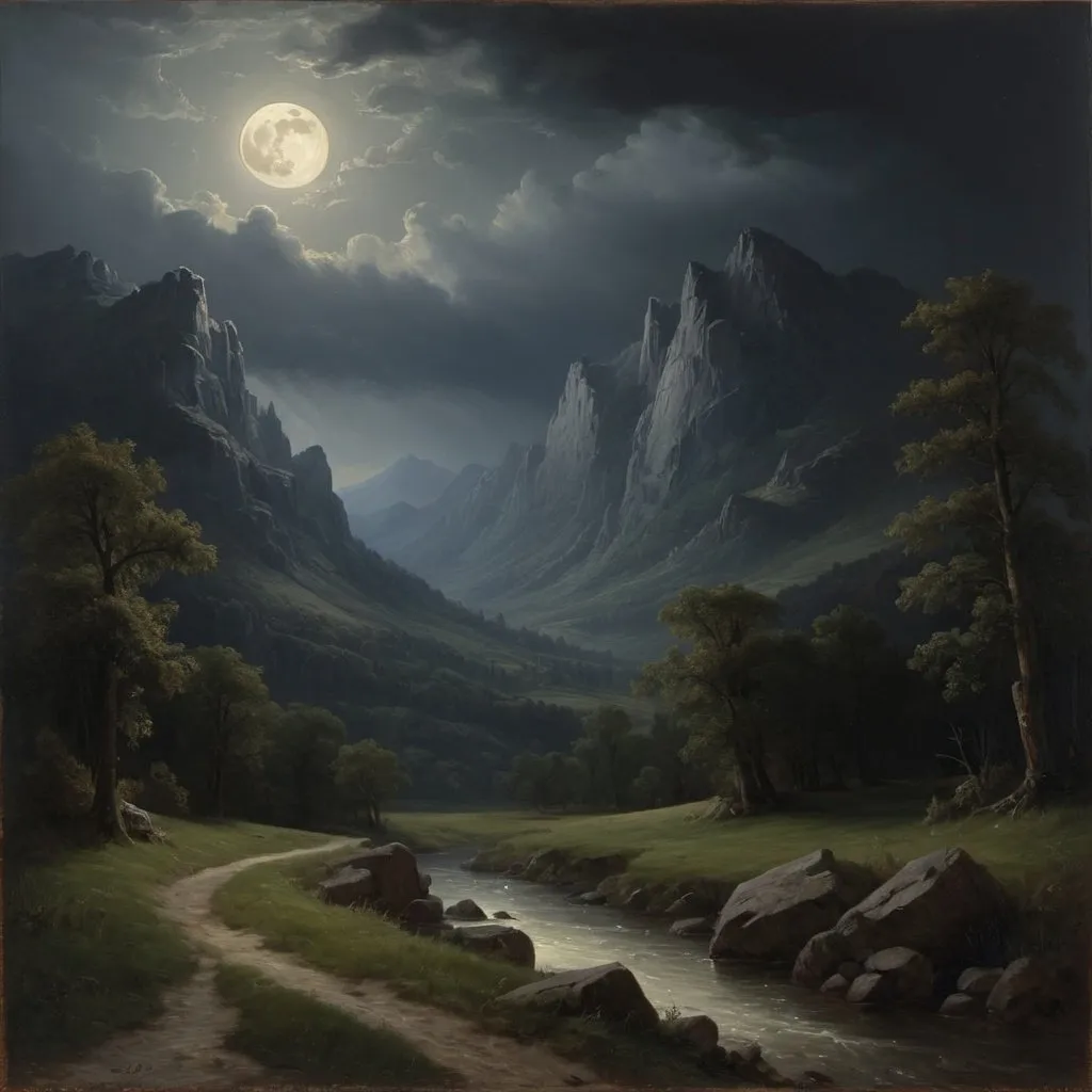 Prompt: Create a UHD, 64K, professional oil painting in the style of Carl Heinrich Bloch, blending the American Barbizon School and Flemish Baroque influences. Depict a
It was a dark and stormy night,
and the moon had sunk behind the dark summits of the mountains,
 leaving only a dim and uncertain light.
