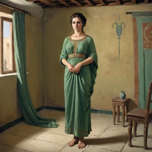 Prompt: a woman in a green dress standing in a room, 8th century BC, Full body portrait, a painting