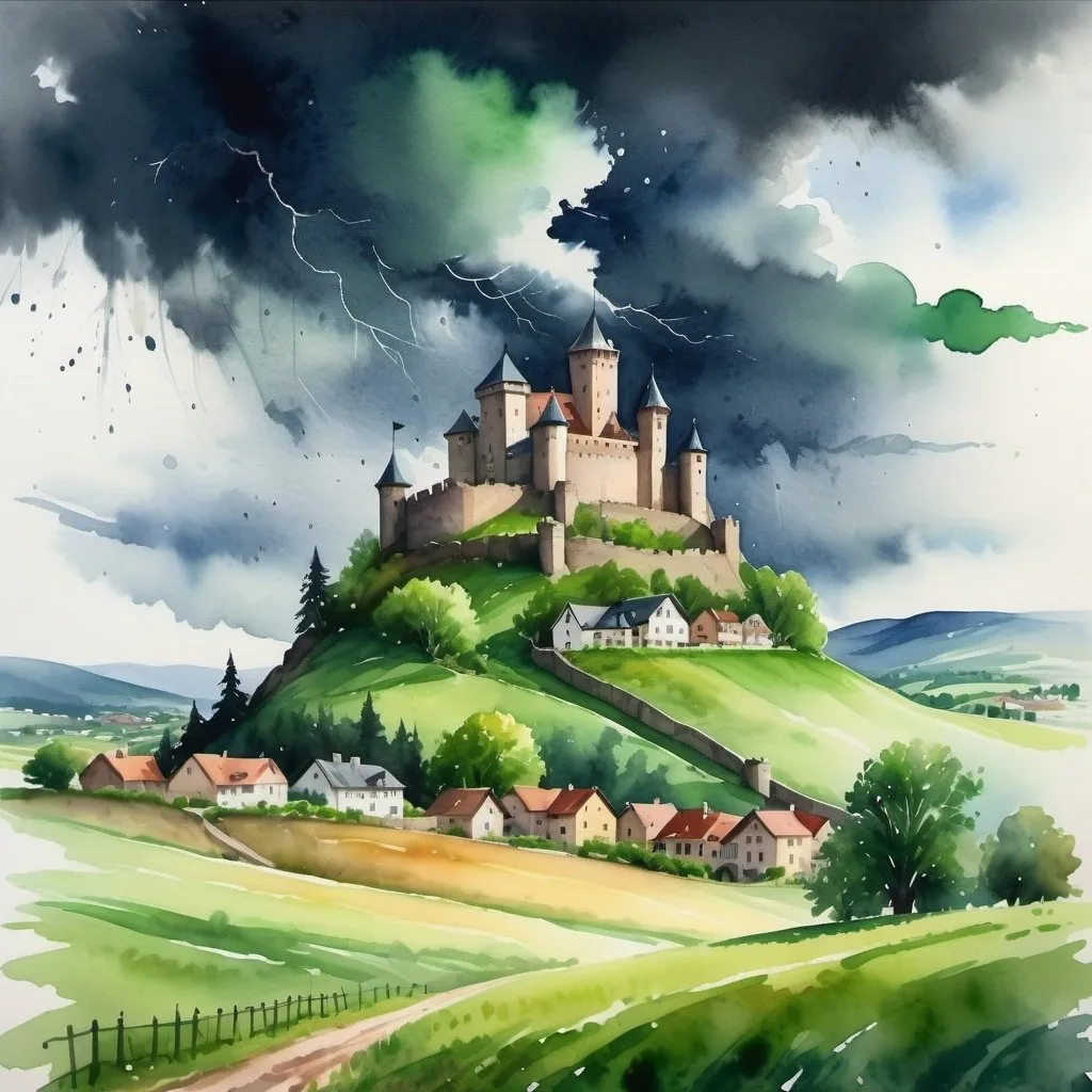Prompt: Create a UHD, 64K, professional Watercolor painting, a  small town with a castle on a hill under a dark sky with clouds above it and a green field below,  thunderstorm, 