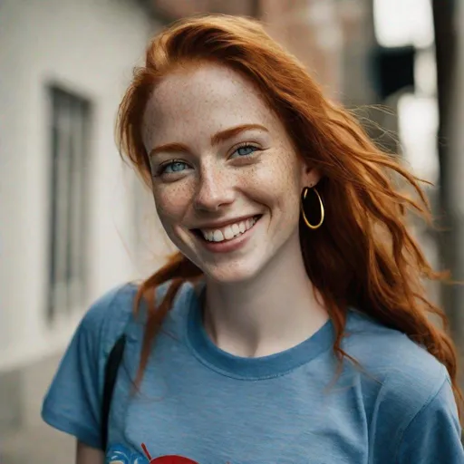 Prompt: portrait,  
27 year-old woman, 
walking,
cover with dark freckle, 
green eyes, 
long ginger hair, 
red lipstick, 
a smile on her face, 
(earrings with a smiley face on it's earring hooks),  
(smiley-face t-shirt), 
long blue jean, 
photo
