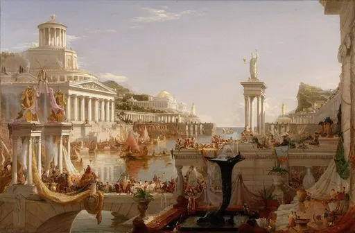 Prompt: Cole Thomas The Consummation The Course of the Empire 1836. a painting of a city with a fountain and people in it and a statue in the background with a building in the background, in the style of Fitz Hugh Lane, neoclassicism, classical painting, a detailed matte painting

