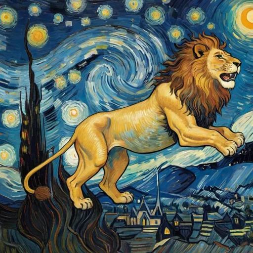 Prompt: a Lion flying on a "magic carpet" in "The Starry Night" by Vincent van Gogh