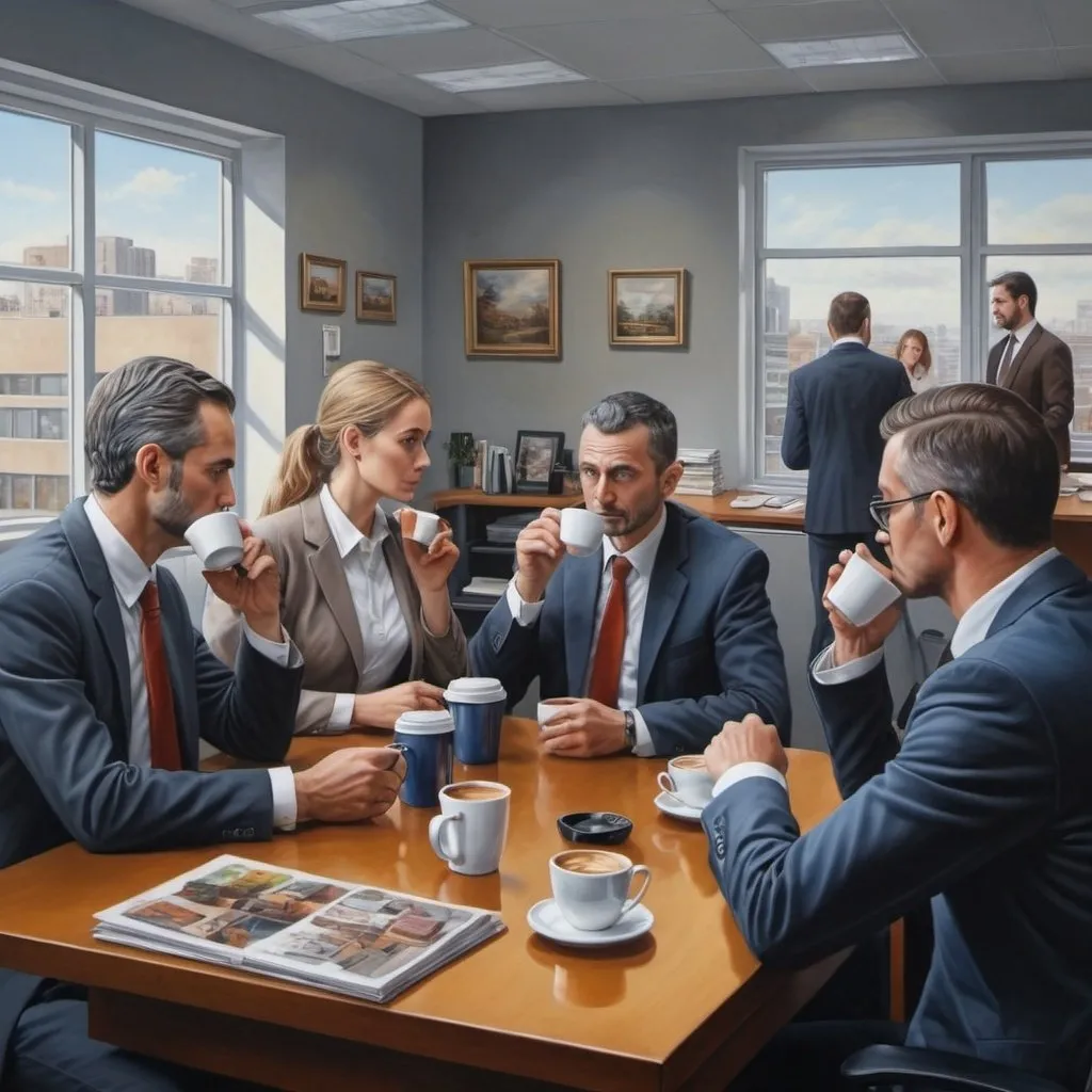 Prompt: a  painting of a scene from daily life ,
drinking coffee with co-workers in  an Office, 
in the 2 0 2 0s,
highly detailed, 
professional oil painting,
UHD,
64K