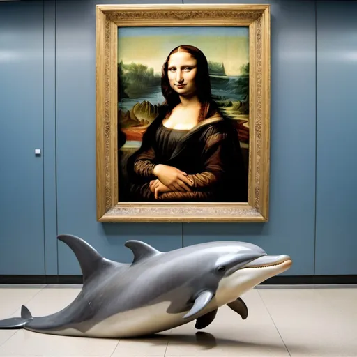 Prompt: Mona Lisa  riding a dolphin  in  an airport