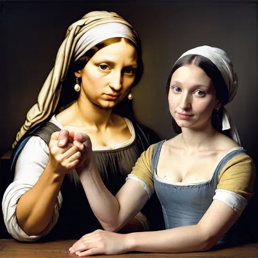 Prompt: "the girl with the pearl earring" Arm wrestling   "Mona Lisa"