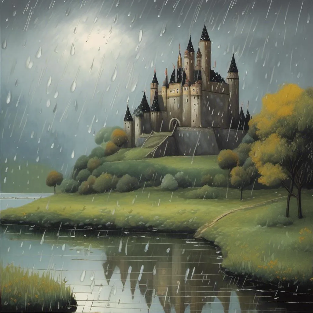 Prompt: <mymodel> an image of a  rainy day outside a  Castle by a lake.