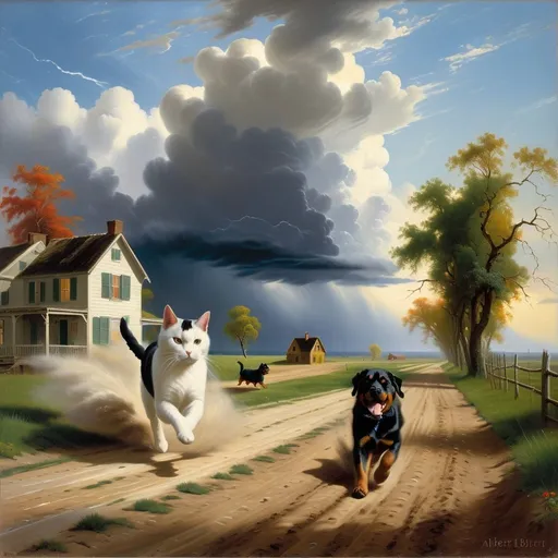 Prompt: a fantasy painting of  a black and white cat chasing a very large rottweiler   running away from  the cat on a dirt road with a house in the background and a storm cloud in the sky, Albert Bierstadt, american scene painting, stormy weather, a fine art painting