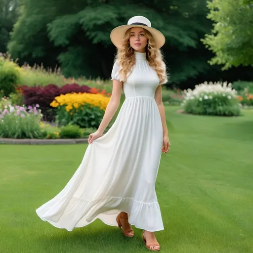 Prompt: a 21-year-old woman in  a  long white Empire Dress with a high neck line and hat,  standing on the green grass, a beautiful expressive face, curly blond hair,  full-length,  feet, in an amazingly beautiful garden,  exactly beautiful photo  , highly photo, full-length photo,  1970s oil painting