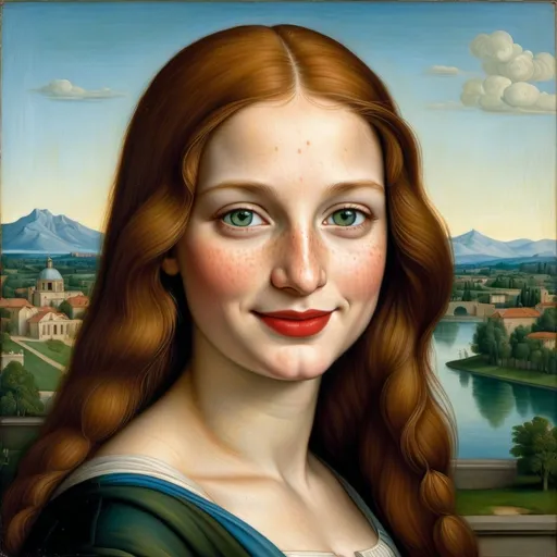 Prompt: a painting of Mona Lisa cover with dark freckle green eyes  long ginger hair, red lipstick, on a smile on her face, with a green background and a blue sky, Fra Bartolomeo, academic art, renaissance oil painting, a painting